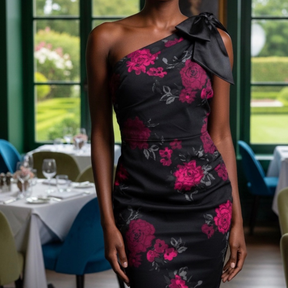 Jacob Black Spring Dress Feminine Elegance One Shoulder Pink Rose Print Asymmet